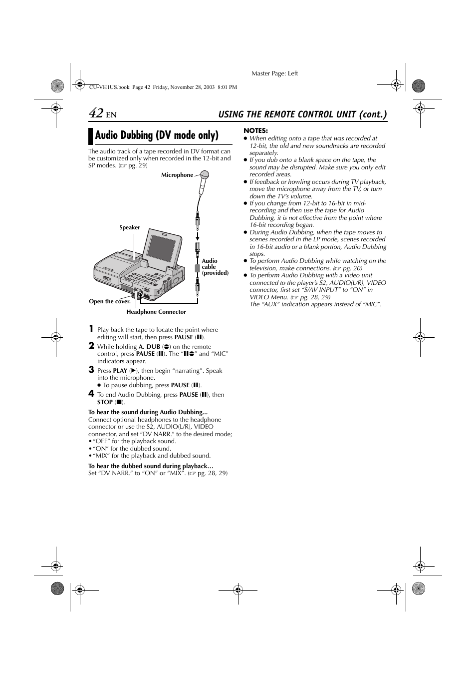 Audio dubbing (dv mode only), Pg. 42), Using the remote control unit (cont.) | JVC CU-VH1 User Manual | Page 42 / 64