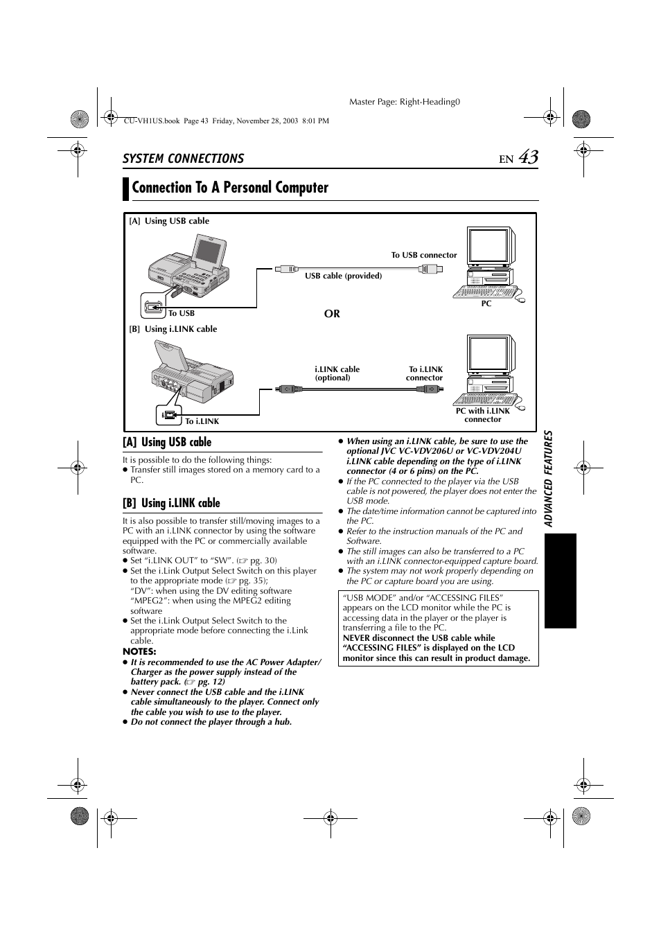 System connections, Connection to a personal computer, A] using usb cable | B] using i.link cable | JVC CU-VH1 User Manual | Page 43 / 64