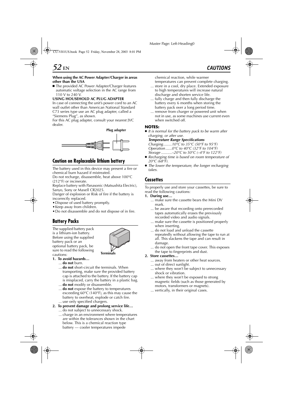 Cautions, Pg. 52), Caution on replaceable lithium battery | Battery packs, Cassettes | JVC CU-VH1 User Manual | Page 52 / 64