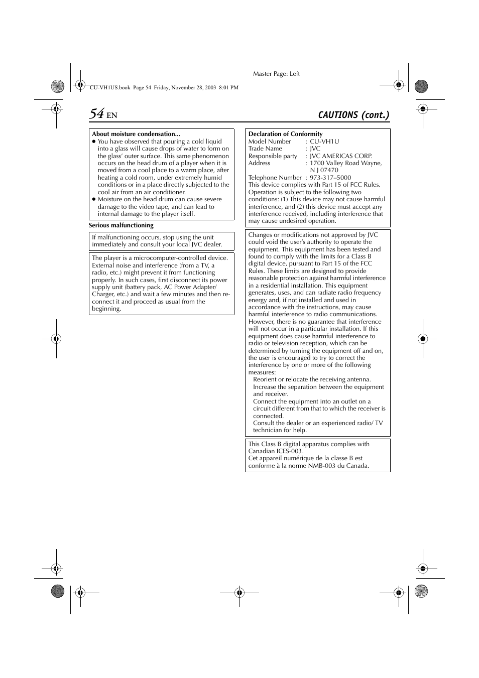 H 54, Cautions (cont.) | JVC CU-VH1 User Manual | Page 54 / 64