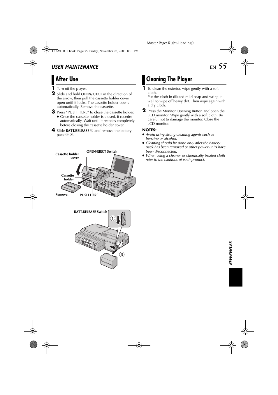 User maintenance, Pg. 55), After use | Cleaning the player | JVC CU-VH1 User Manual | Page 55 / 64