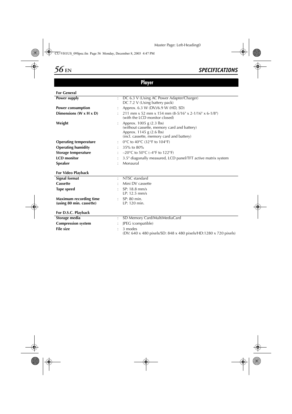 Specifications), Specifications, Player | JVC CU-VH1 User Manual | Page 56 / 64