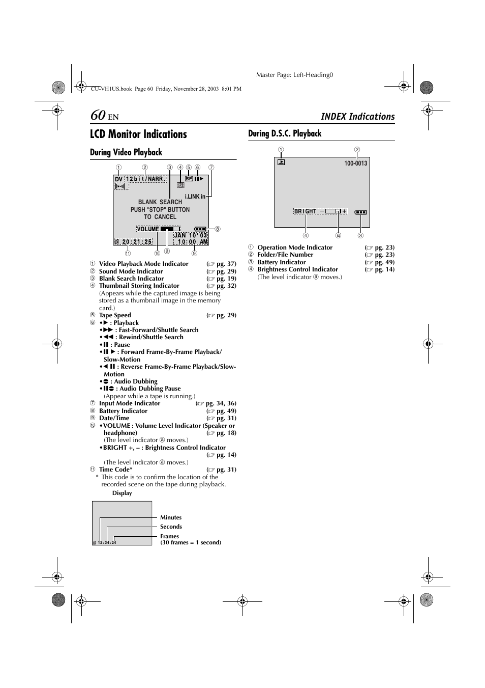 Lcd monitor indications, Index indications, During video playback | During d.s.c. playback | JVC CU-VH1 User Manual | Page 60 / 64
