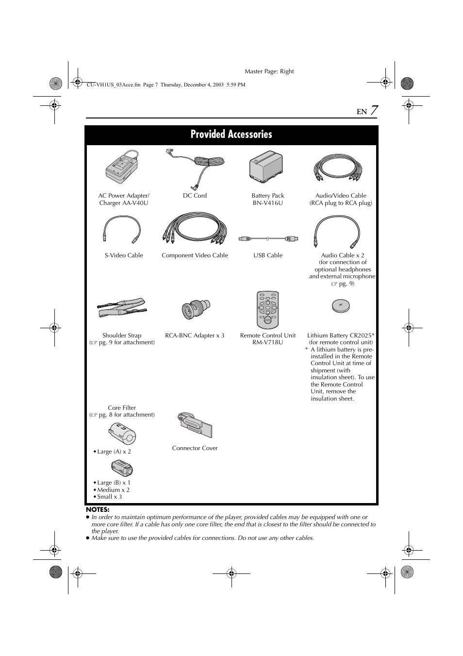 Provided accessories | JVC CU-VH1 User Manual | Page 7 / 64