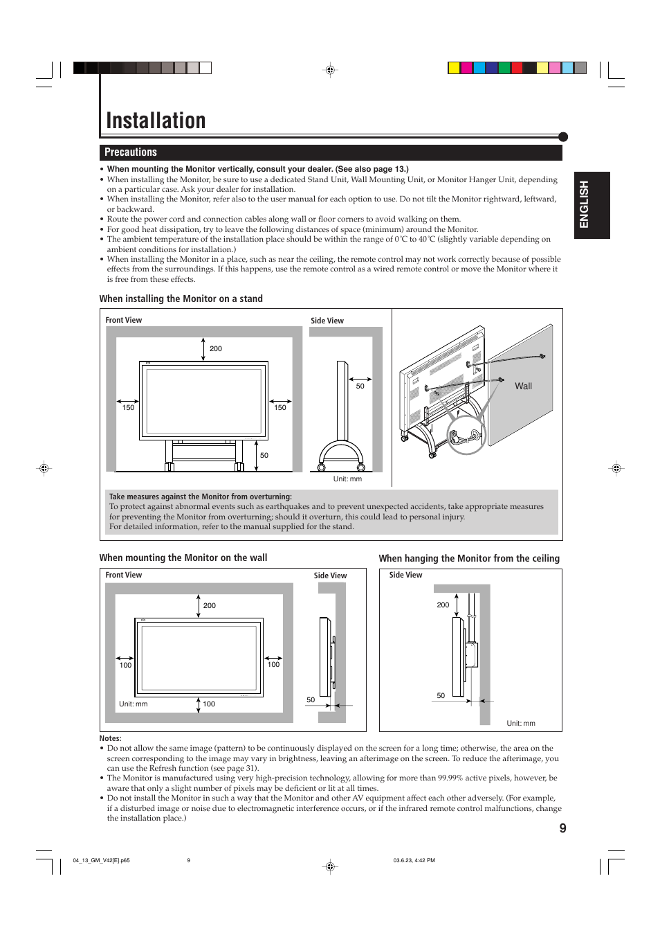 Installation, Precautions | JVC GM-V42PCE User Manual | Page 10 / 43