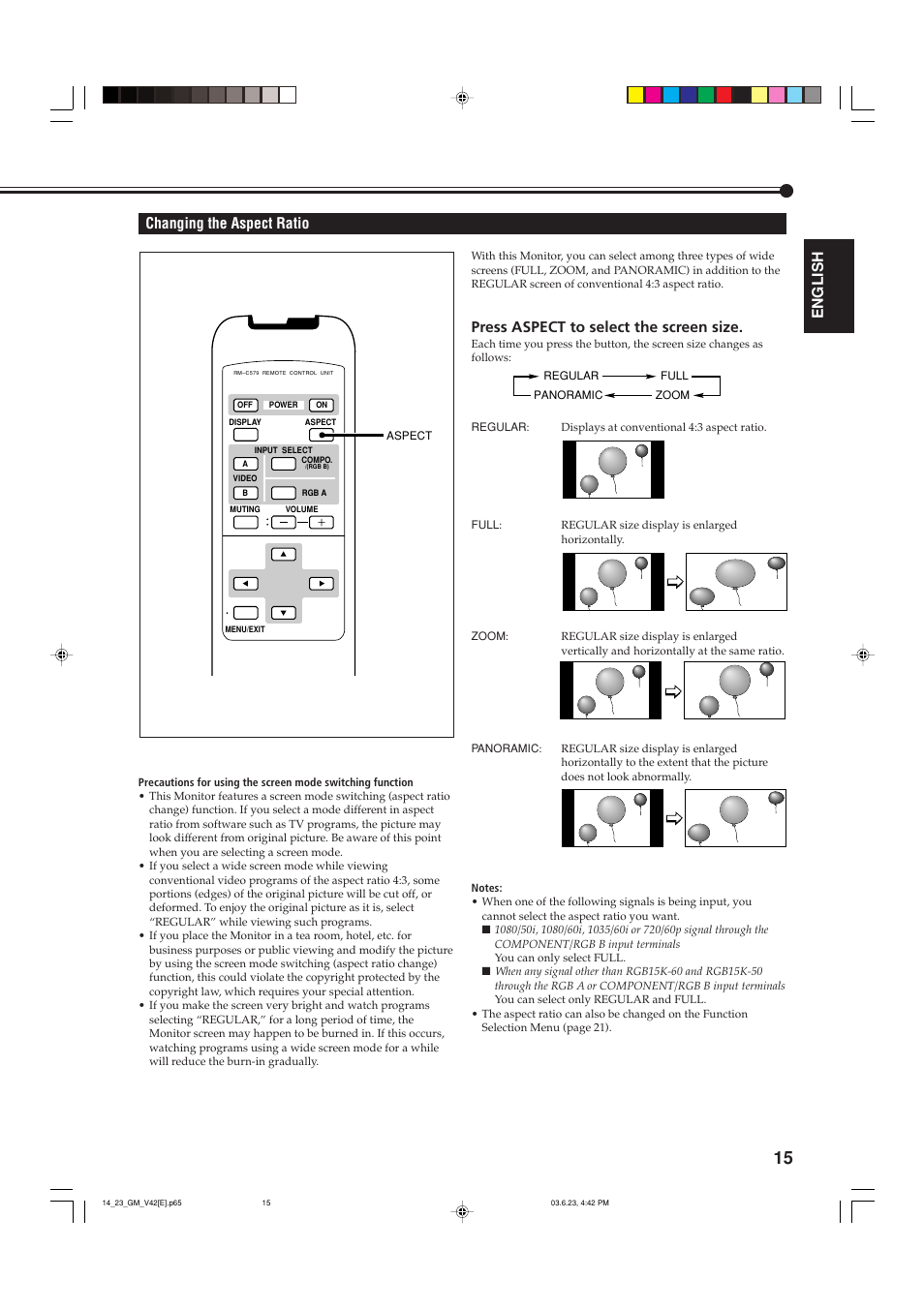 Changing the aspect ratio, English changing the aspect ratio, Press aspect to select the screen size | JVC GM-V42PCE User Manual | Page 16 / 43