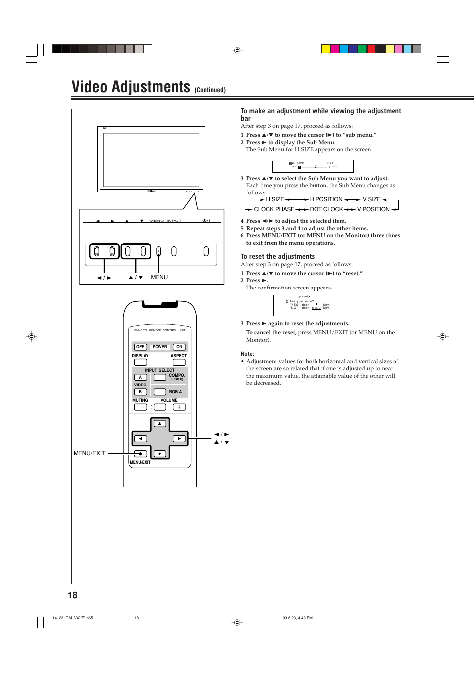 Video adjustments, Menu input | JVC GM-V42PCE User Manual | Page 19 / 43
