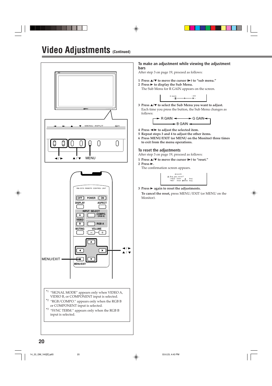 Video adjustments, Menu input | JVC GM-V42PCE User Manual | Page 21 / 43
