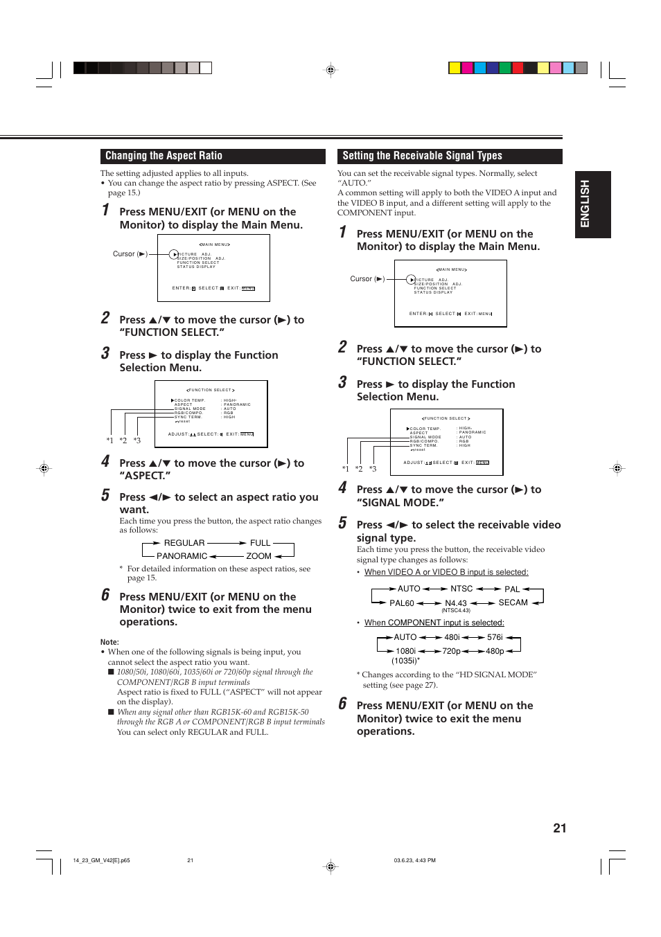 Changing the aspect ratio, Setting the receivable signal types | JVC GM-V42PCE User Manual | Page 22 / 43