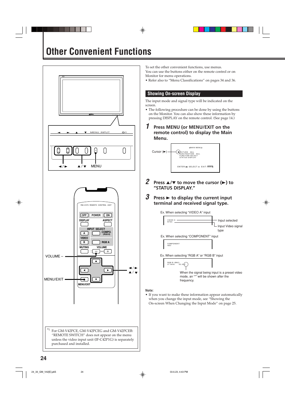 Other convenient functions, Showing on-screen display, Menu input | JVC GM-V42PCE User Manual | Page 25 / 43