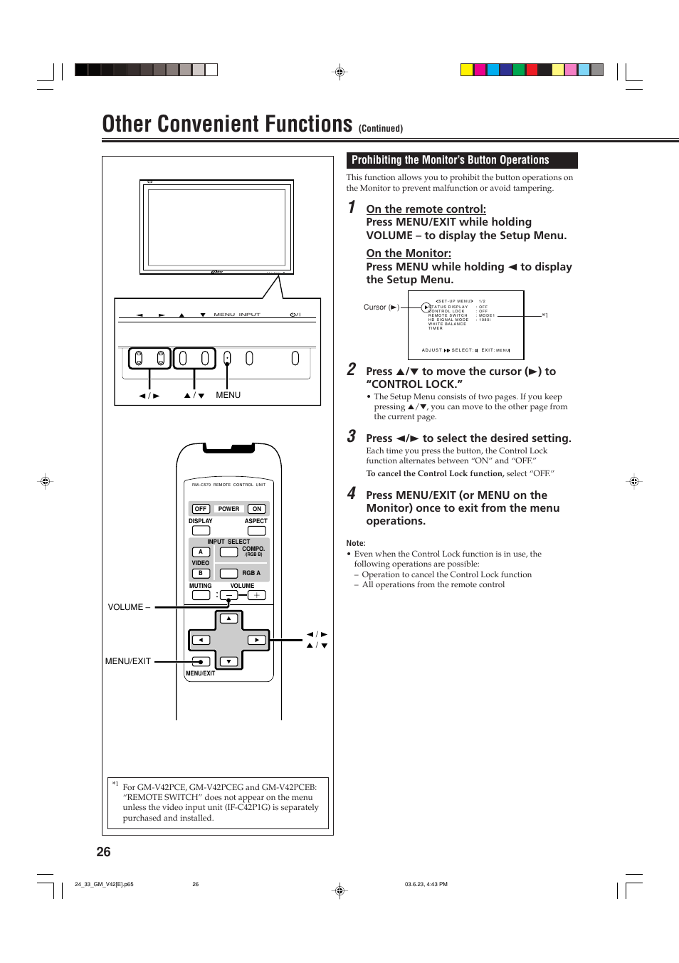 Other convenient functions, Prohibiting the monitor’s button operations, Press 2 / 3 to select the desired setting | JVC GM-V42PCE User Manual | Page 27 / 43