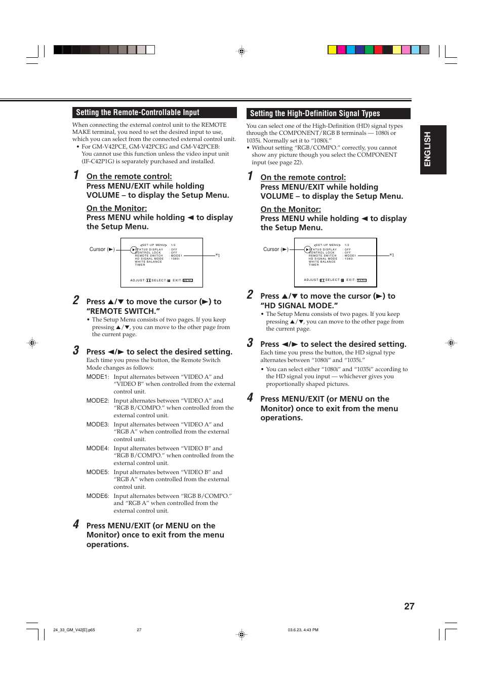 Setting the remote-controllable input, Setting the high-definition signal types | JVC GM-V42PCE User Manual | Page 28 / 43