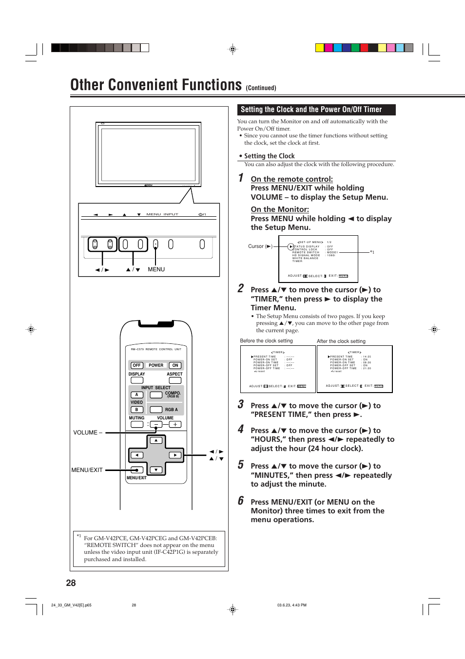 Other convenient functions, Setting the clock and the power on/off timer | JVC GM-V42PCE User Manual | Page 29 / 43