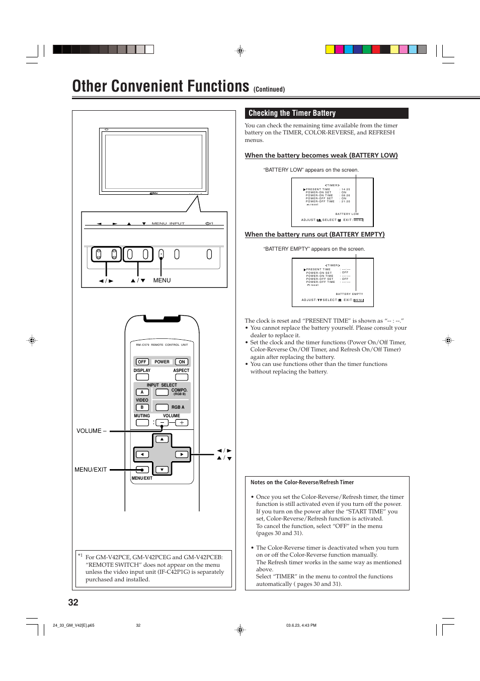 Other convenient functions, Checking the timer battery, Menu input | When the battery becomes weak (battery low), When the battery runs out (battery empty), Continued) | JVC GM-V42PCE User Manual | Page 33 / 43