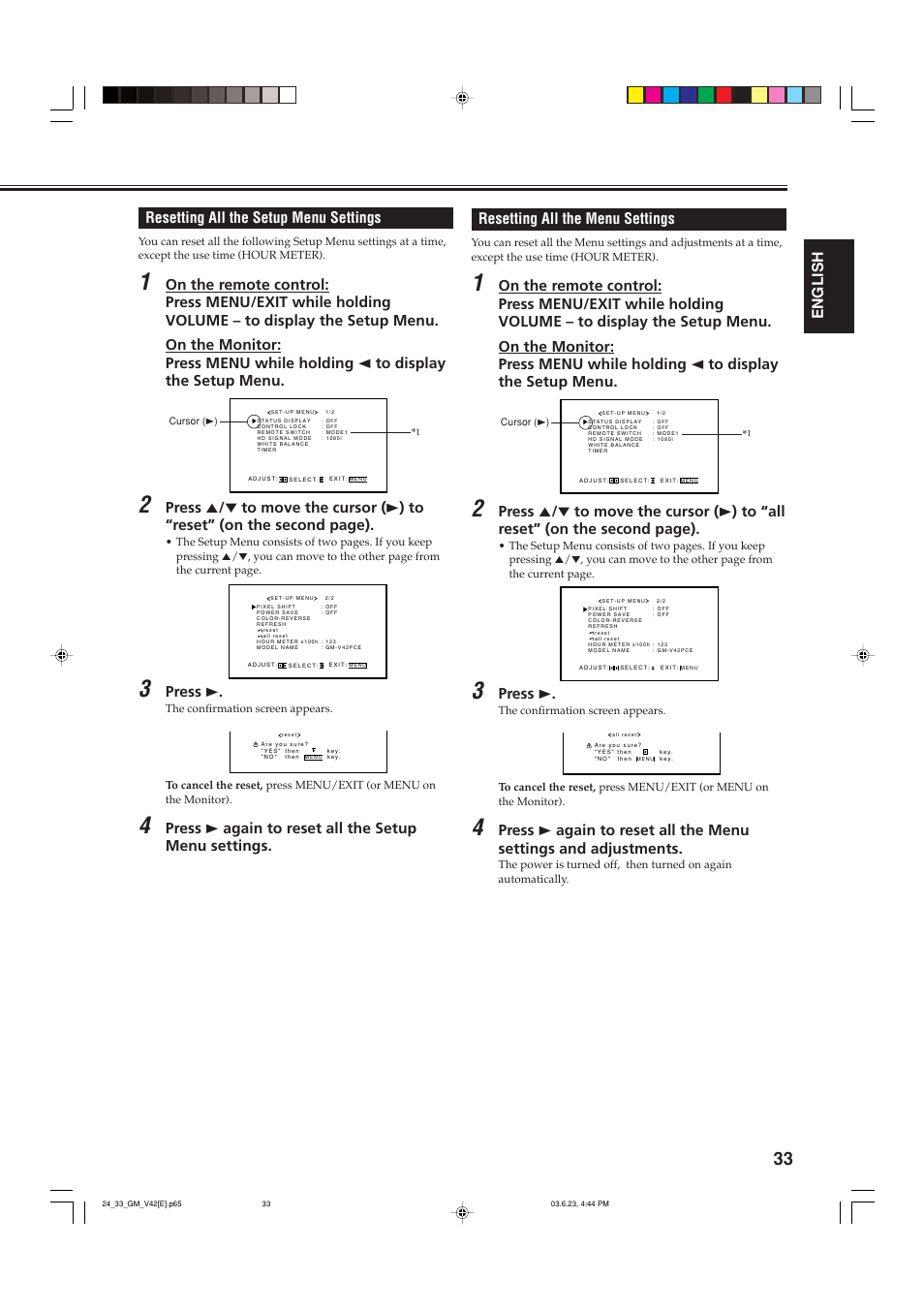 Resetting all the setup menu settings, Resetting all the menu settings, English resetting all the menu settings | Press 3, Press 3 again to reset all the setup menu settings | JVC GM-V42PCE User Manual | Page 34 / 43