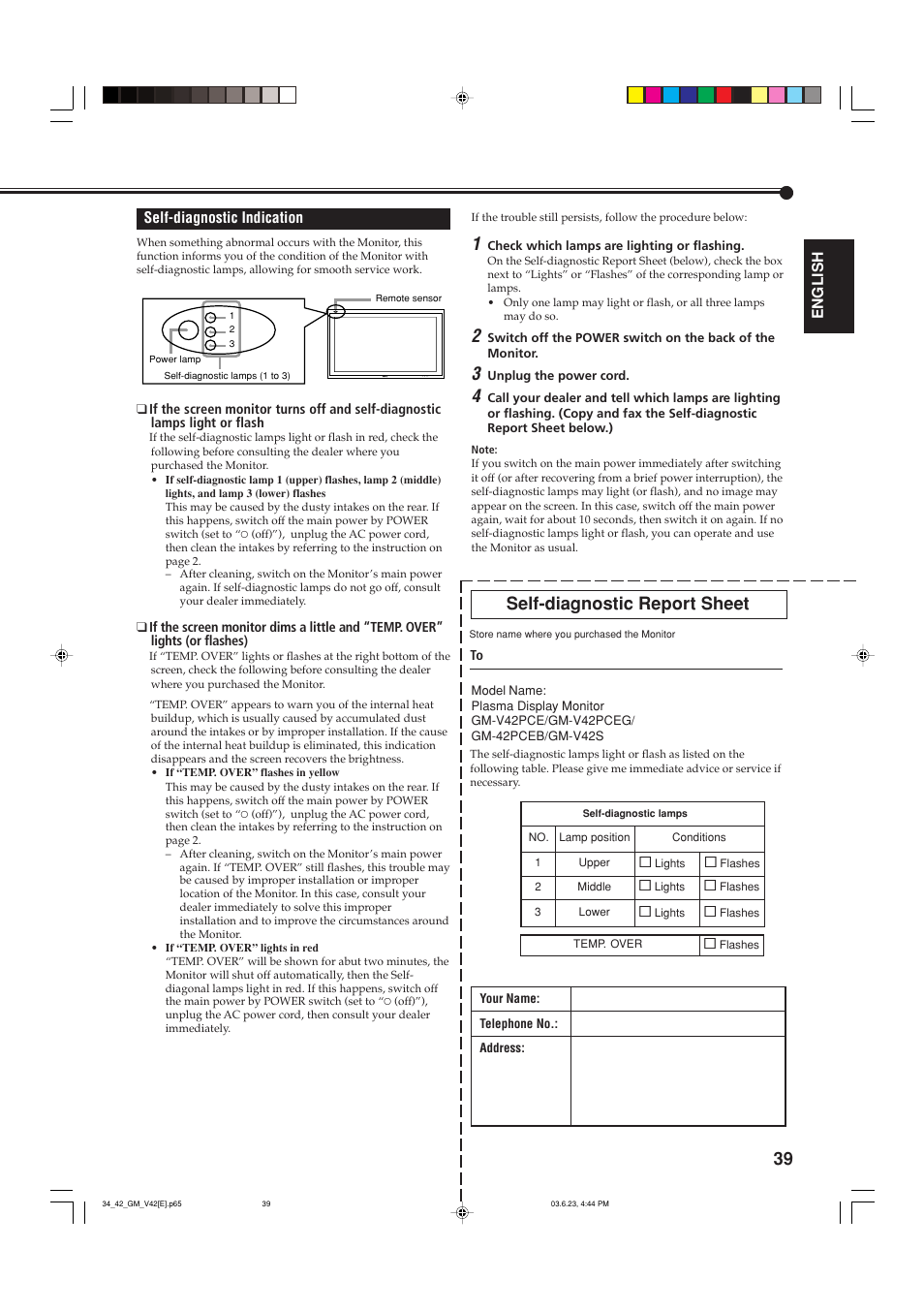 Self-diagnostic indication, Self-diagnostic report sheet | JVC GM-V42PCE User Manual | Page 40 / 43