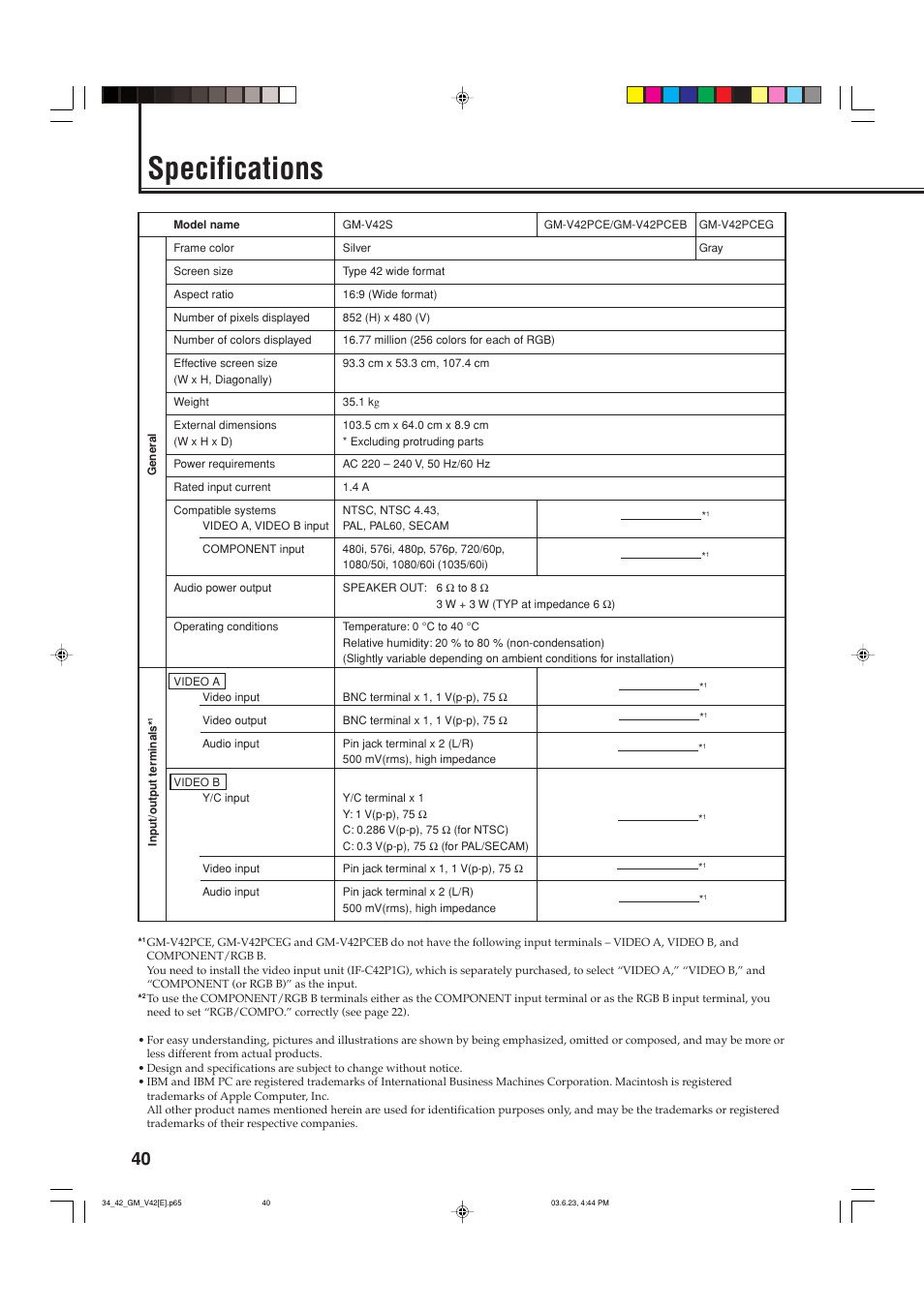 Specifications | JVC GM-V42PCE User Manual | Page 41 / 43