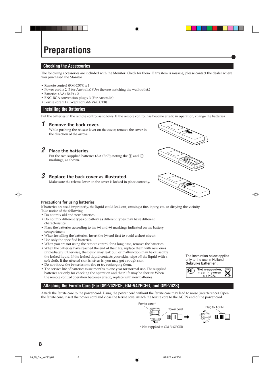 Preparations, Checking the accessories, Installing the batteries | JVC GM-V42PCE User Manual | Page 9 / 43