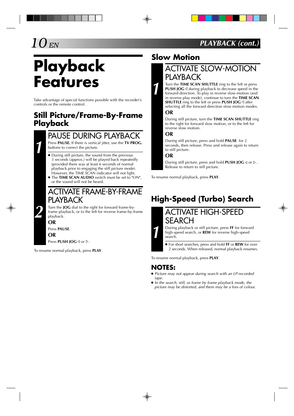 Playback features, Pause during playback, Activate frame-by-frame playback | Activate high-speed search, Activate slow-motion playback | JVC HR-E939EG User Manual | Page 10 / 48