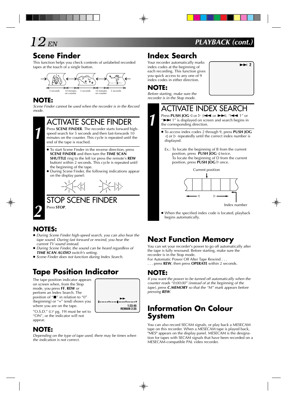 Activate index search, Activate scene finder, Stop scene finder | Playback (cont.), Scene finder, Index search, Information on colour system, Tape position indicator | JVC HR-E939EG User Manual | Page 12 / 48