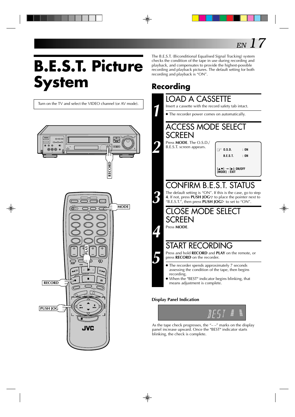 B.e.s.t. picture system, Load a cassette, Access mode select screen | Confirm b.e.s.t. status, Close mode select screen, Start recording, Recording | JVC HR-E939EG User Manual | Page 17 / 48