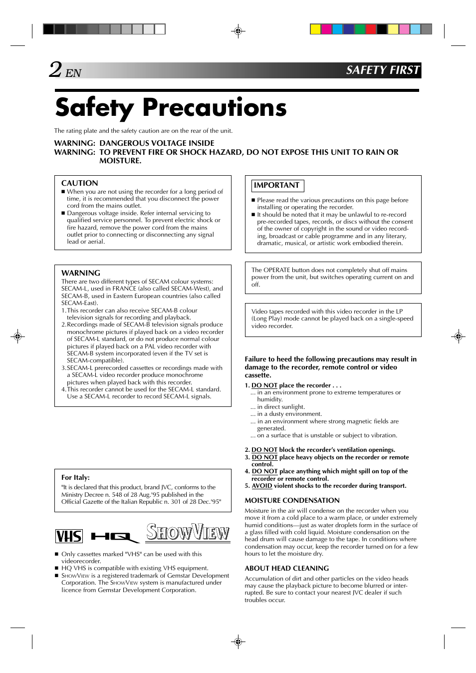 Safety precautions, Safety first | JVC HR-E939EG User Manual | Page 2 / 48