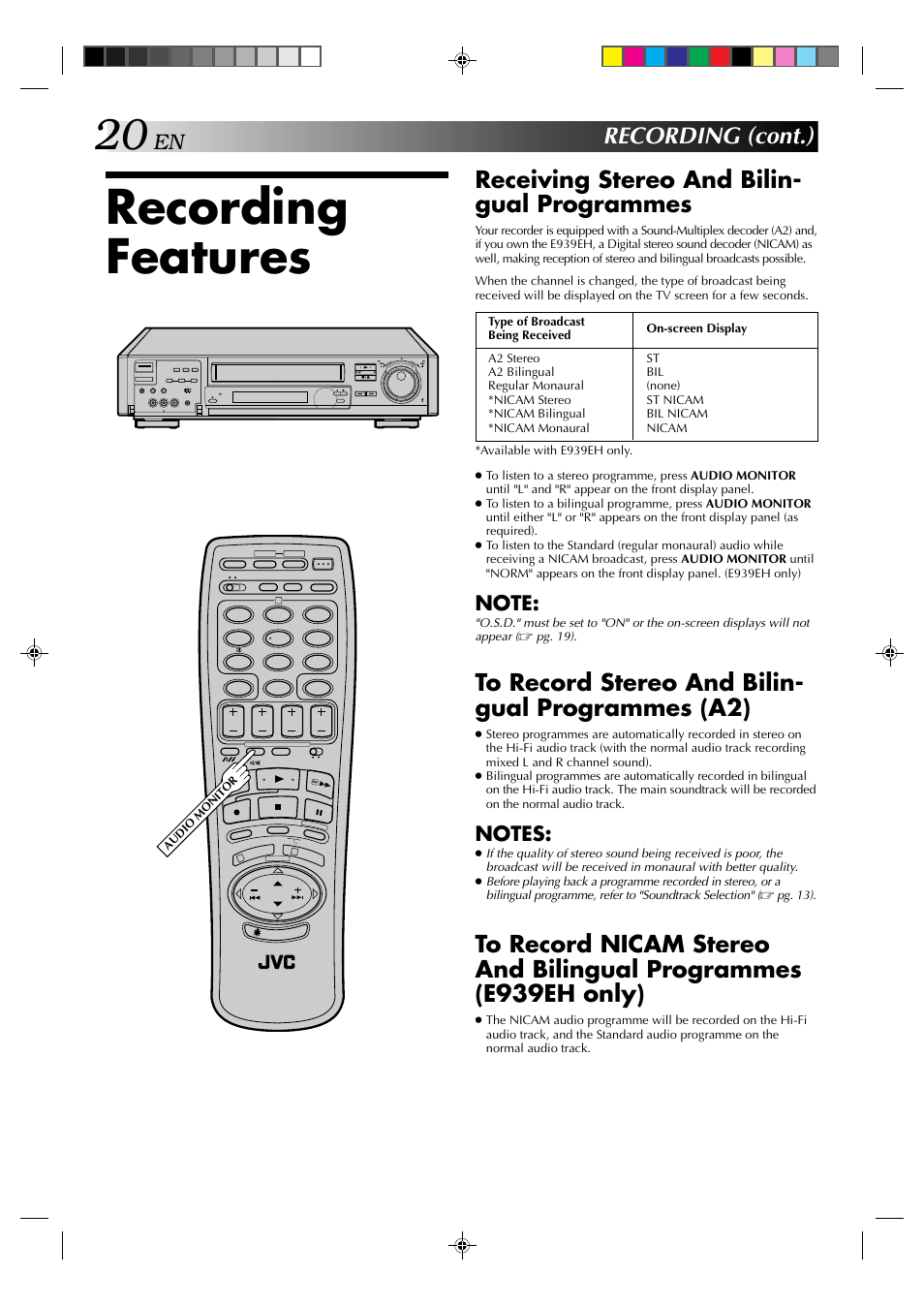 Recording features, Recording (cont.), Receiving stereo and bilin- gual programmes | JVC HR-E939EG User Manual | Page 20 / 48