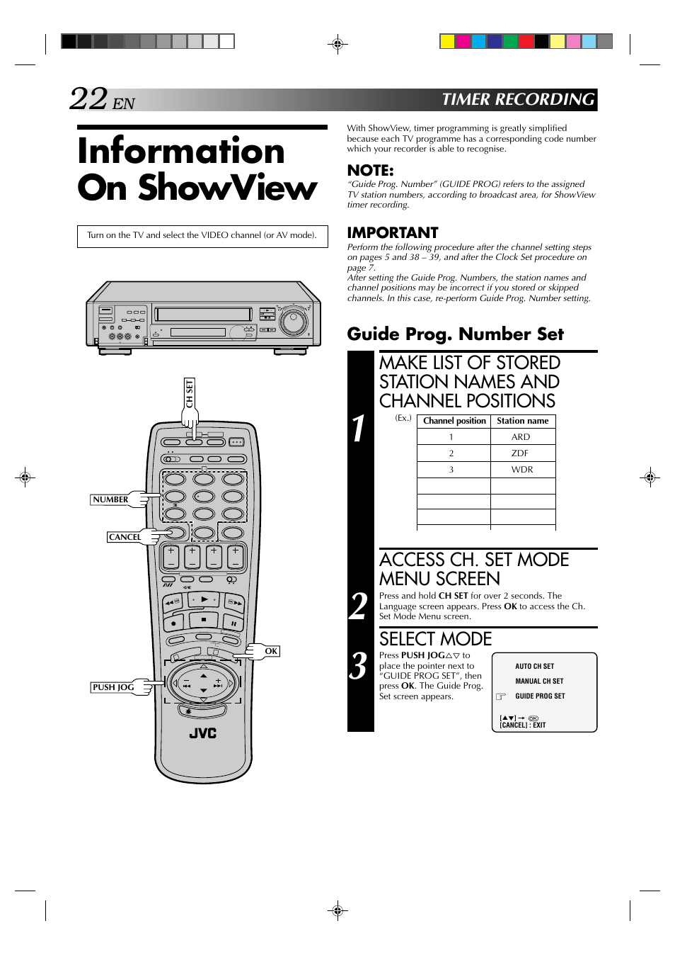 Information on showview, Access ch. set mode menu screen, Select mode | Timer recording, Guide prog. number set, Important | JVC HR-E939EG User Manual | Page 22 / 48