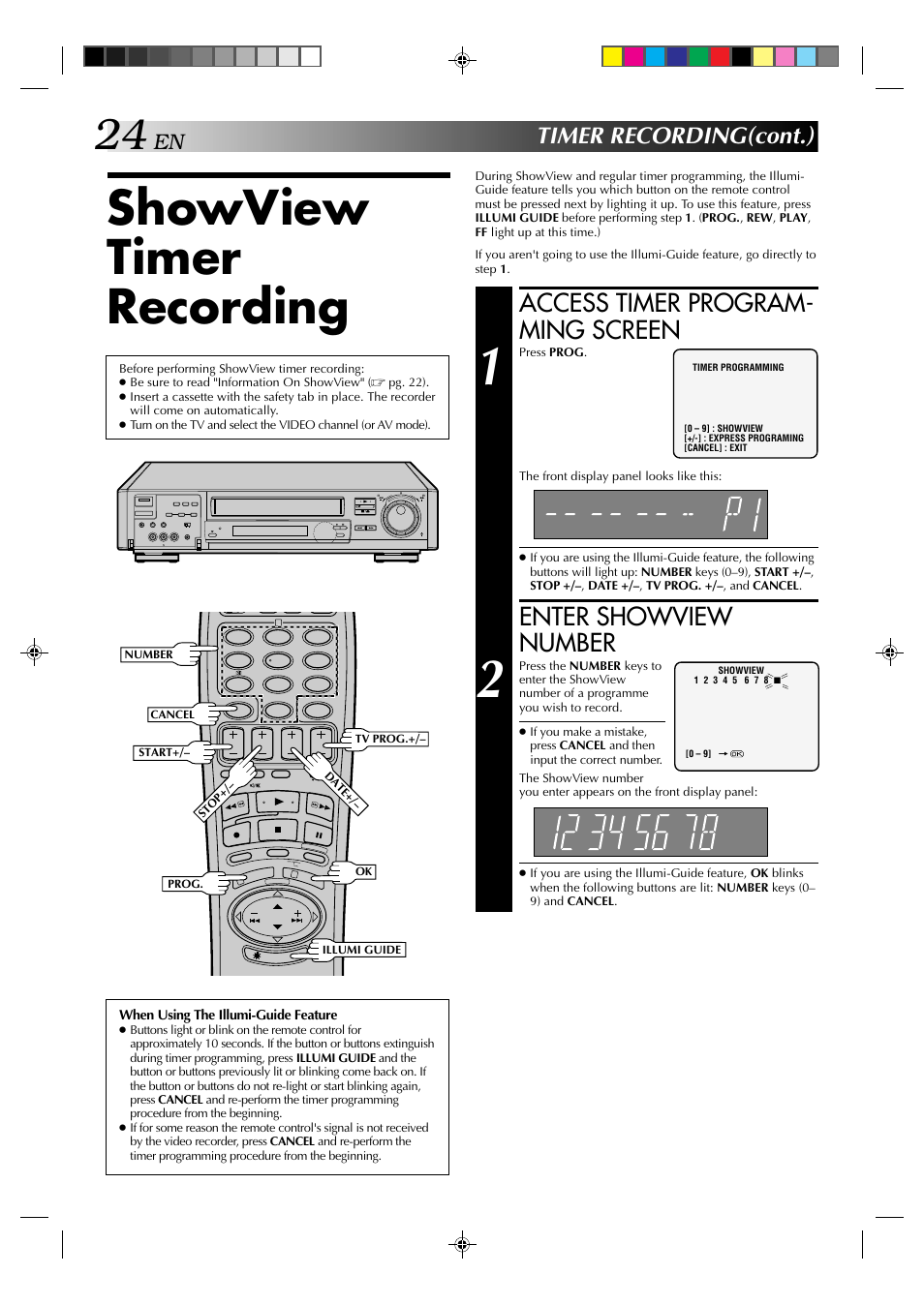 Showview timer recording, Access timer program- ming screen, Enter showview number | Timer recording(cont.) | JVC HR-E939EG User Manual | Page 24 / 48