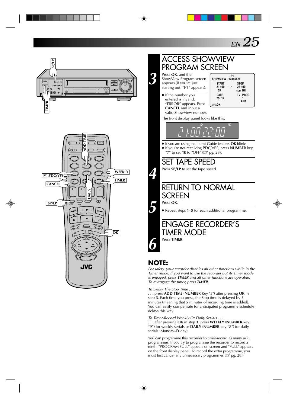 Access showview program screen, Set tape speed, Return to normal screen | Engage recorder’s timer mode | JVC HR-E939EG User Manual | Page 25 / 48