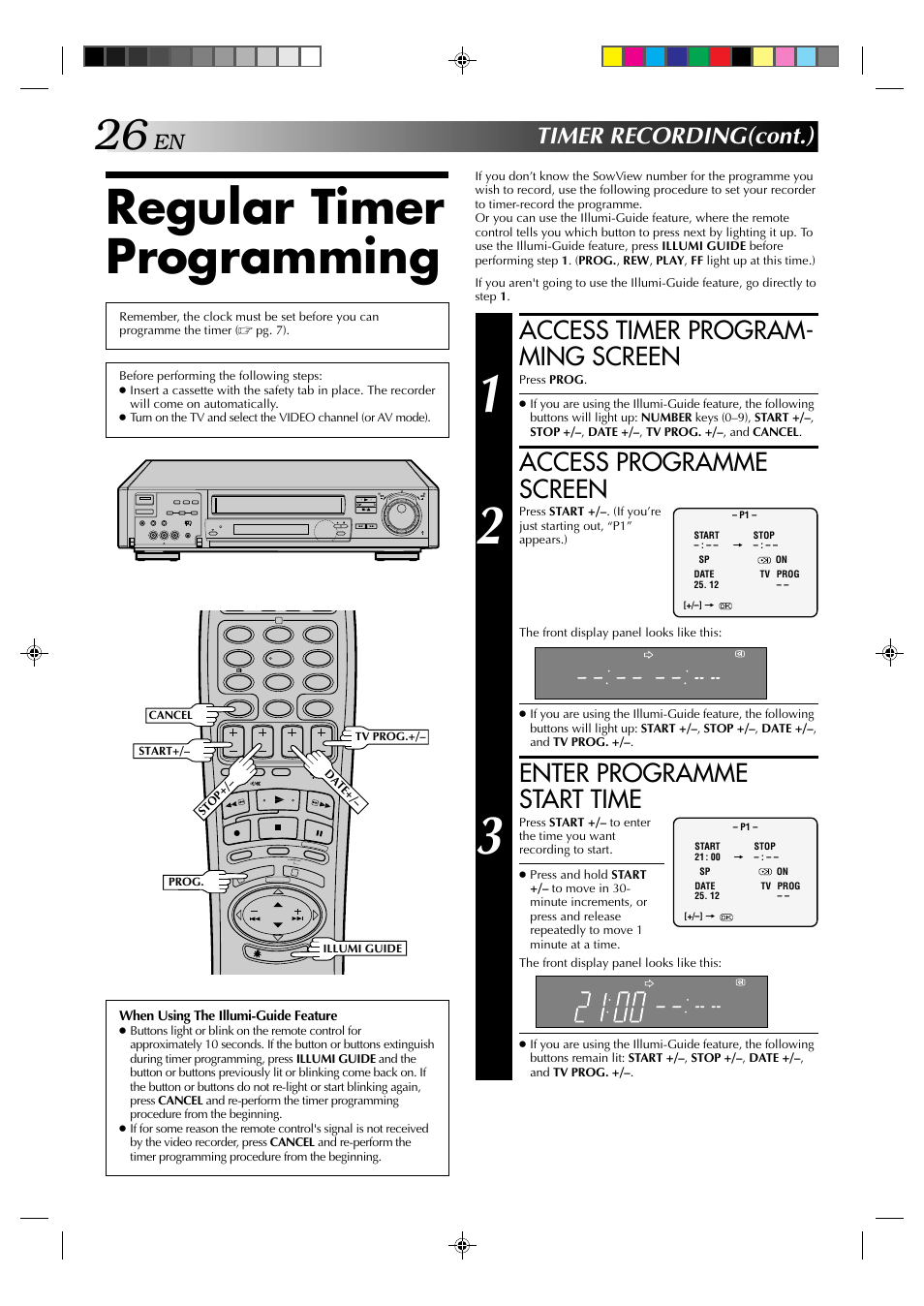 Regular timer programming, Access timer program- ming screen, Access programme screen | Enter programme start time, Timer recording(cont.) | JVC HR-E939EG User Manual | Page 26 / 48