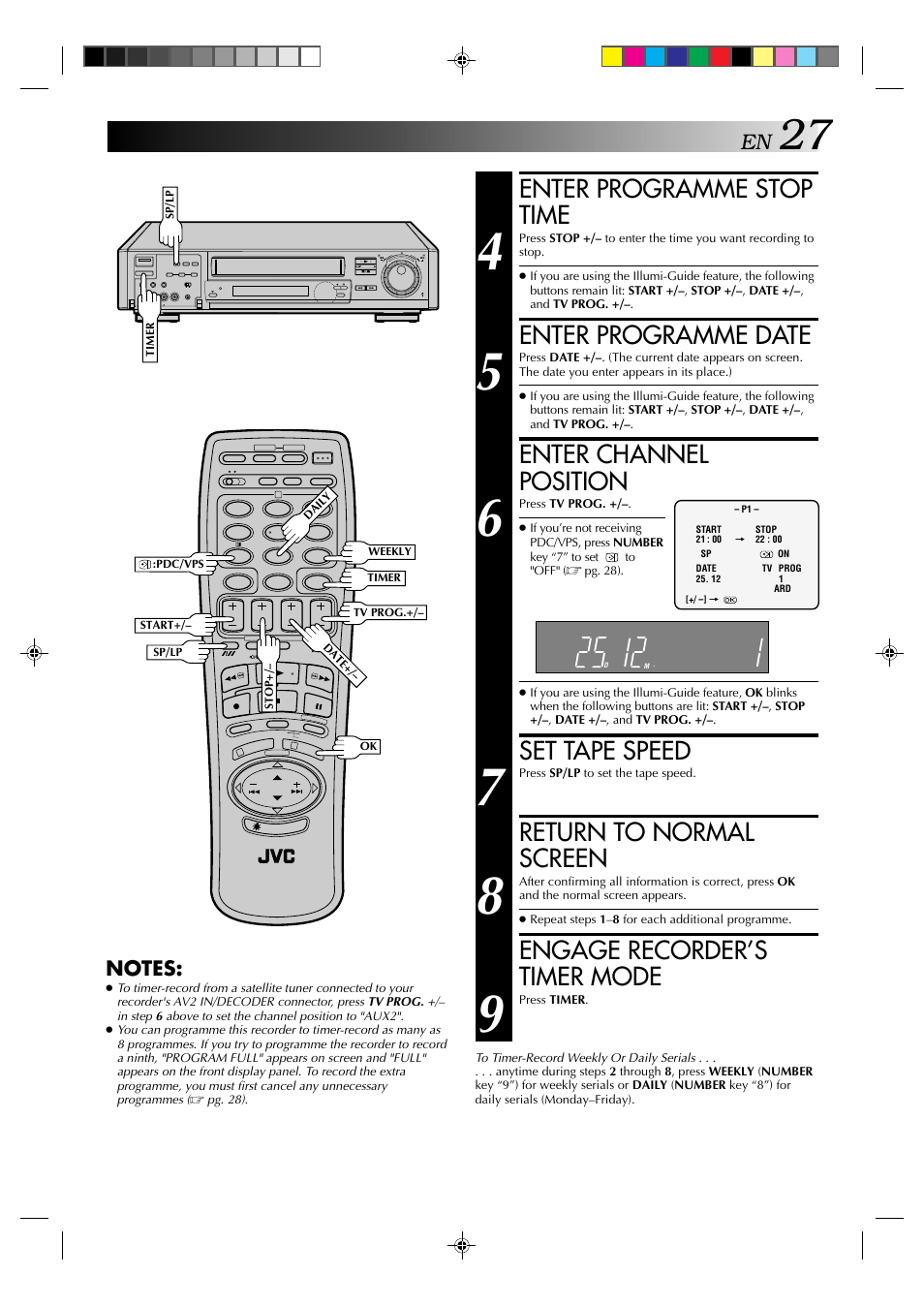 Enter programme stop time, Enter programme date, Enter channel position | Set tape speed, Return to normal screen, Engage recorder’s timer mode | JVC HR-E939EG User Manual | Page 27 / 48