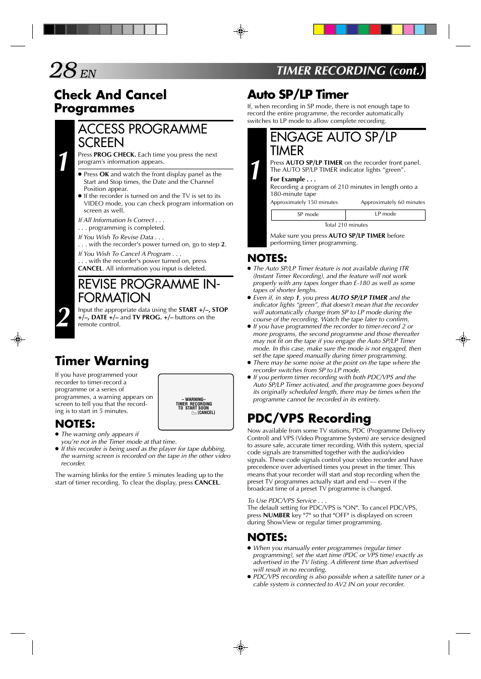 Engage auto sp/lp timer, Access programme screen, Revise programme in- formation | Auto sp/lp timer, Check and cancel programmes timer warning, Pdc/vps recording, Timer recording (cont.) | JVC HR-E939EG User Manual | Page 28 / 48