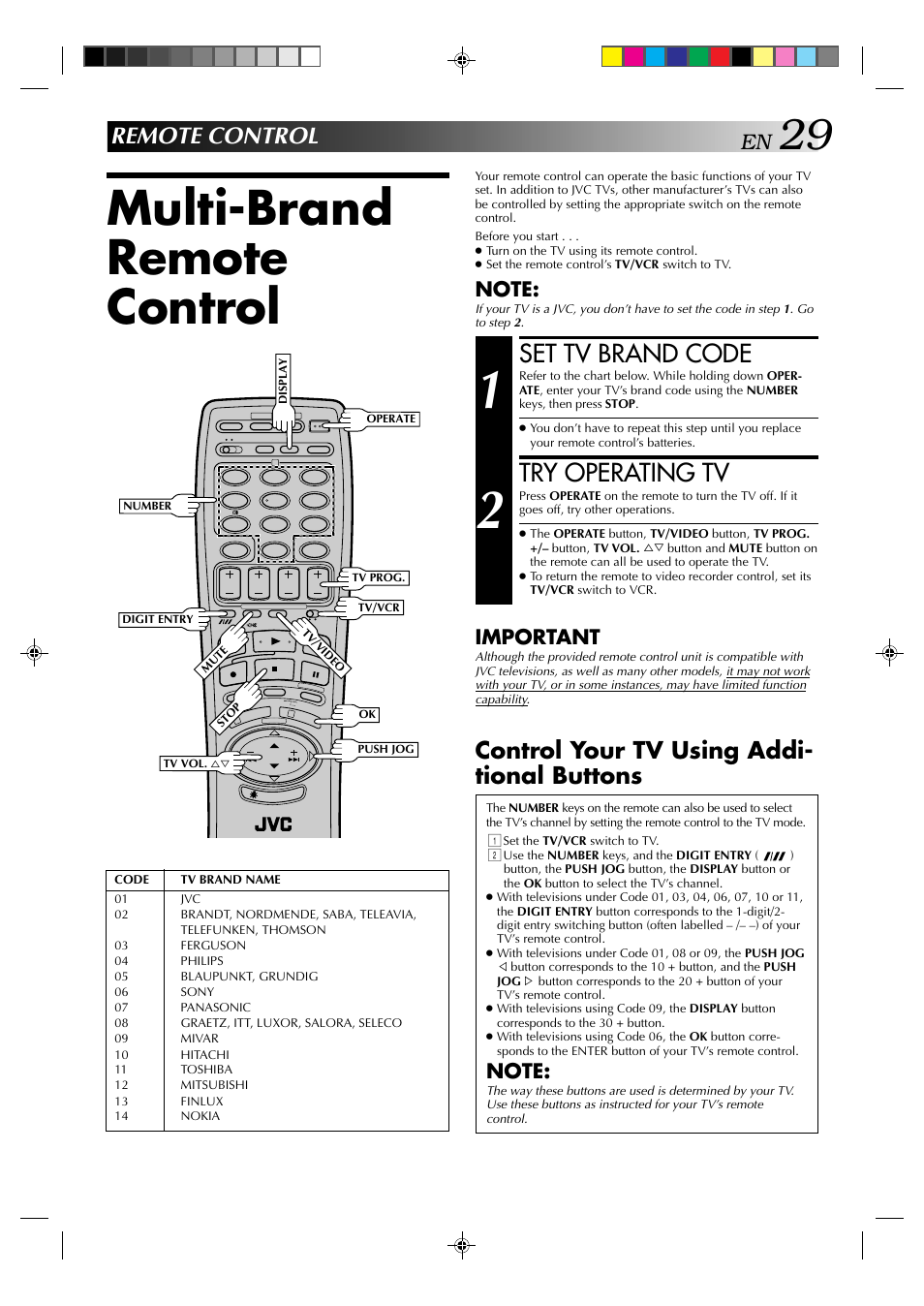 Multi-brand remote control, Set tv brand code, Try operating tv | Control your tv using addi- tional buttons, Remote control, Important | JVC HR-E939EG User Manual | Page 29 / 48