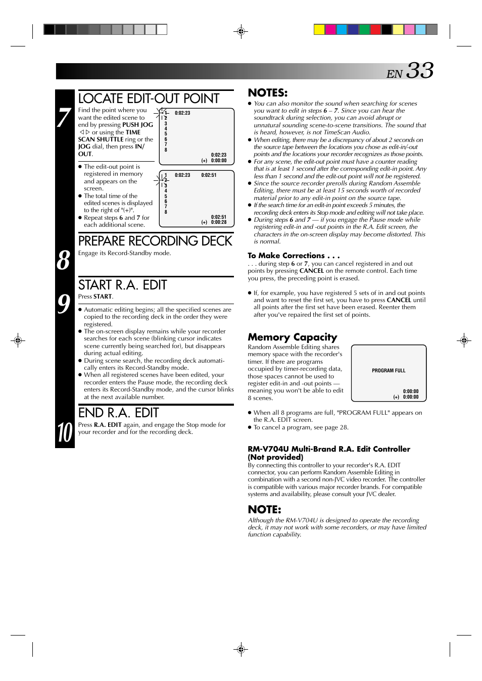 Locate edit-out point, Prepare recording deck, Start r.a. edit | End r.a. edit | JVC HR-E939EG User Manual | Page 33 / 48