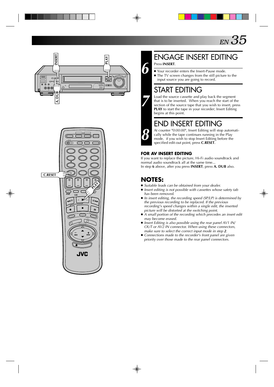 Engage insert editing, Start editing, End insert editing | JVC HR-E939EG User Manual | Page 35 / 48
