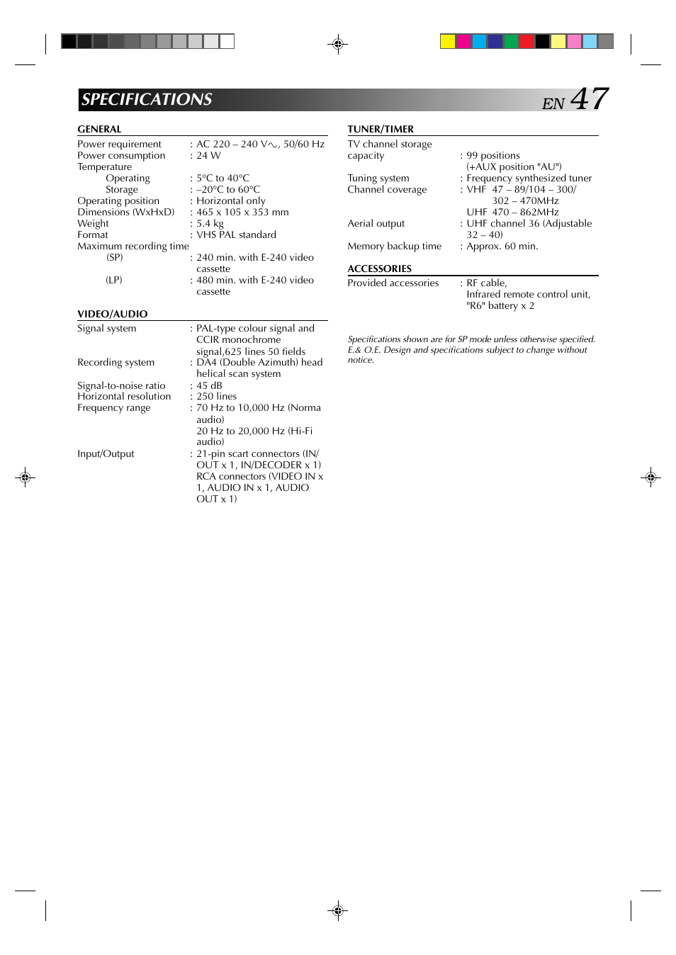 Specifications | JVC HR-E939EG User Manual | Page 47 / 48
