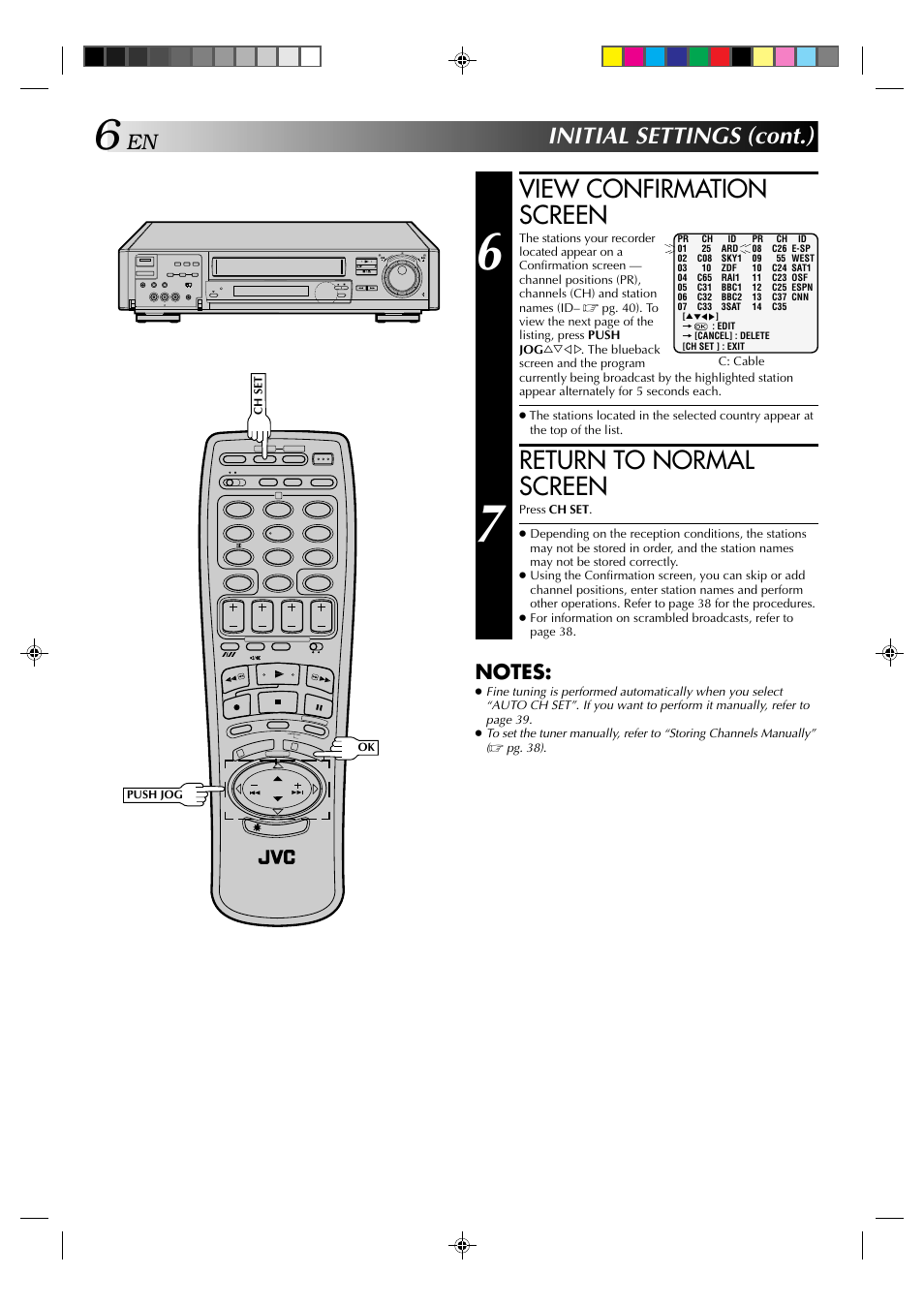 View confirmation screen, Return to normal screen, Initial settings (cont.) | JVC HR-E939EG User Manual | Page 6 / 48