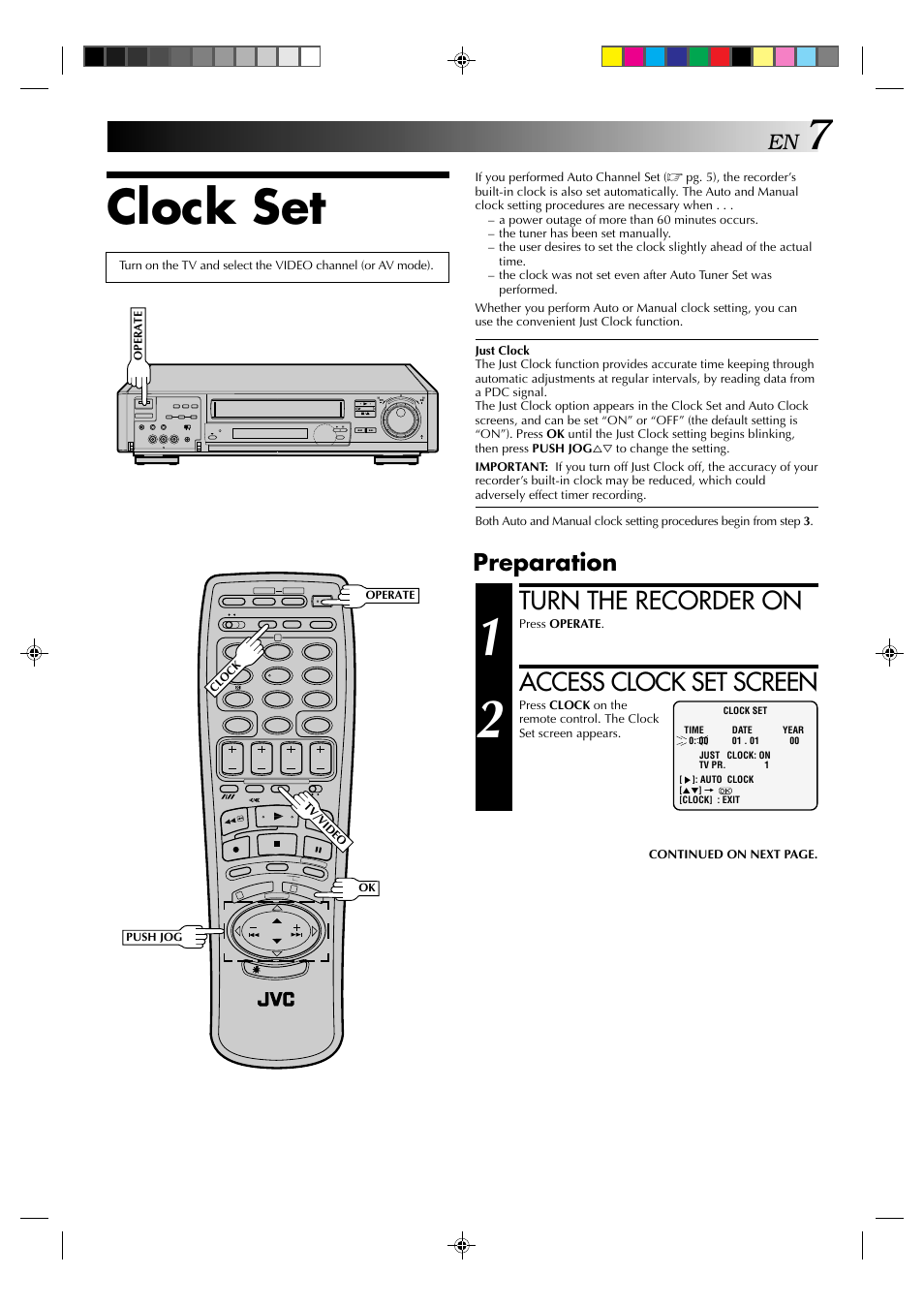 Clock set, Turn the recorder on, Access clock set screen | Preparation | JVC HR-E939EG User Manual | Page 7 / 48