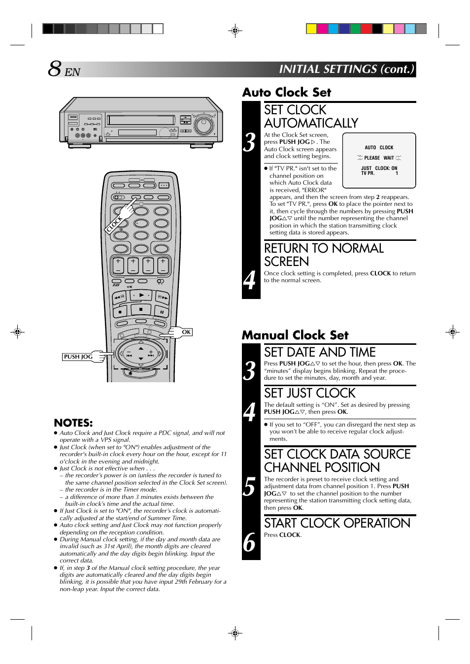 Set clock automatically, Return to normal screen, Set date and time | Set just clock, Set clock data source channel position, Start clock operation, Initial settings (cont.), Auto clock set, Manual clock set | JVC HR-E939EG User Manual | Page 8 / 48