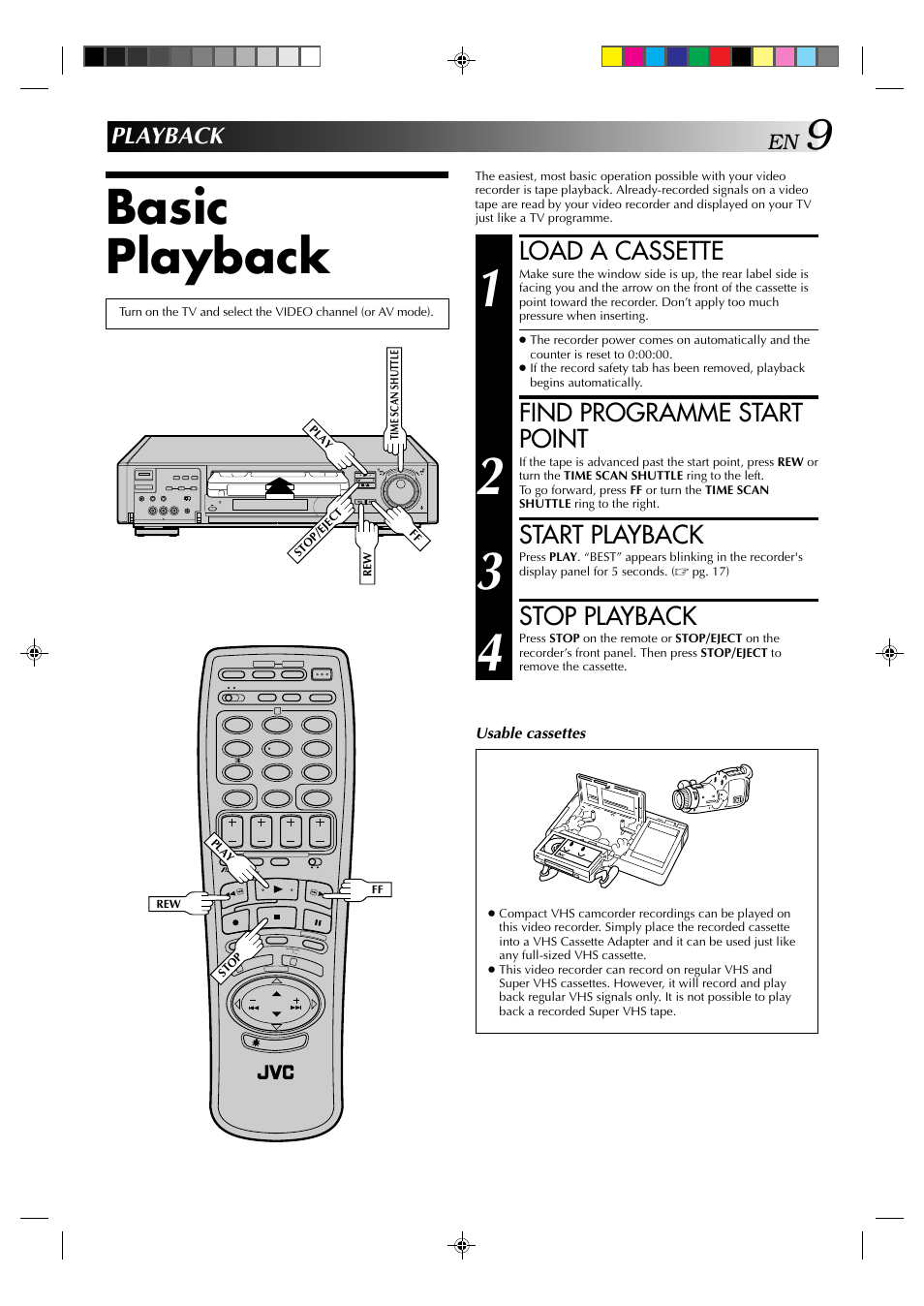 Basic playback, Load a cassette, Find programme start point | Start playback, Stop playback, Playback | JVC HR-E939EG User Manual | Page 9 / 48