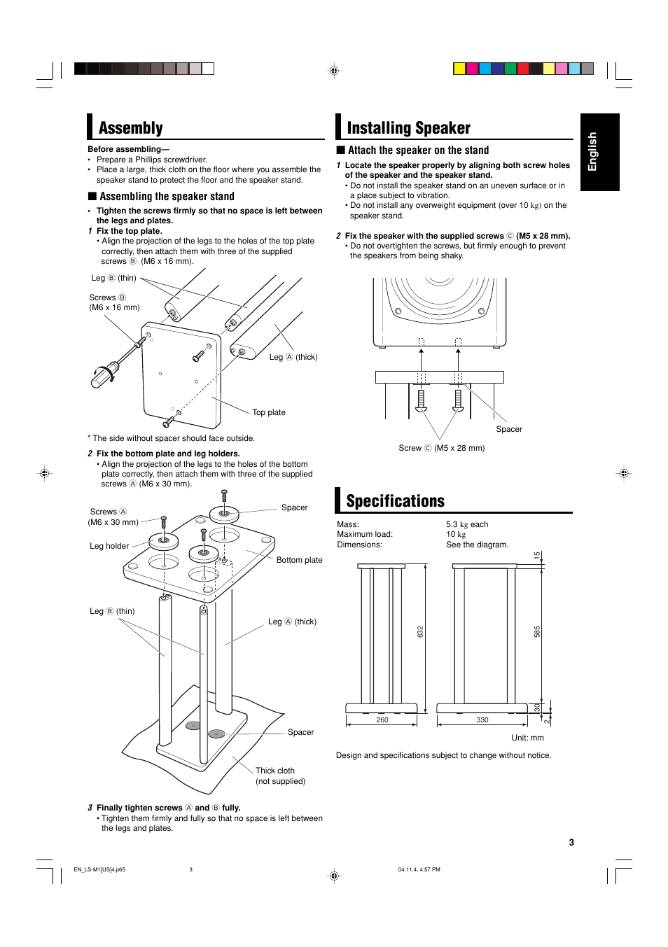 Assembly, Installing speaker, Specifications | Assembly installing speaker | JVC LVT1248-002A User Manual | Page 3 / 4