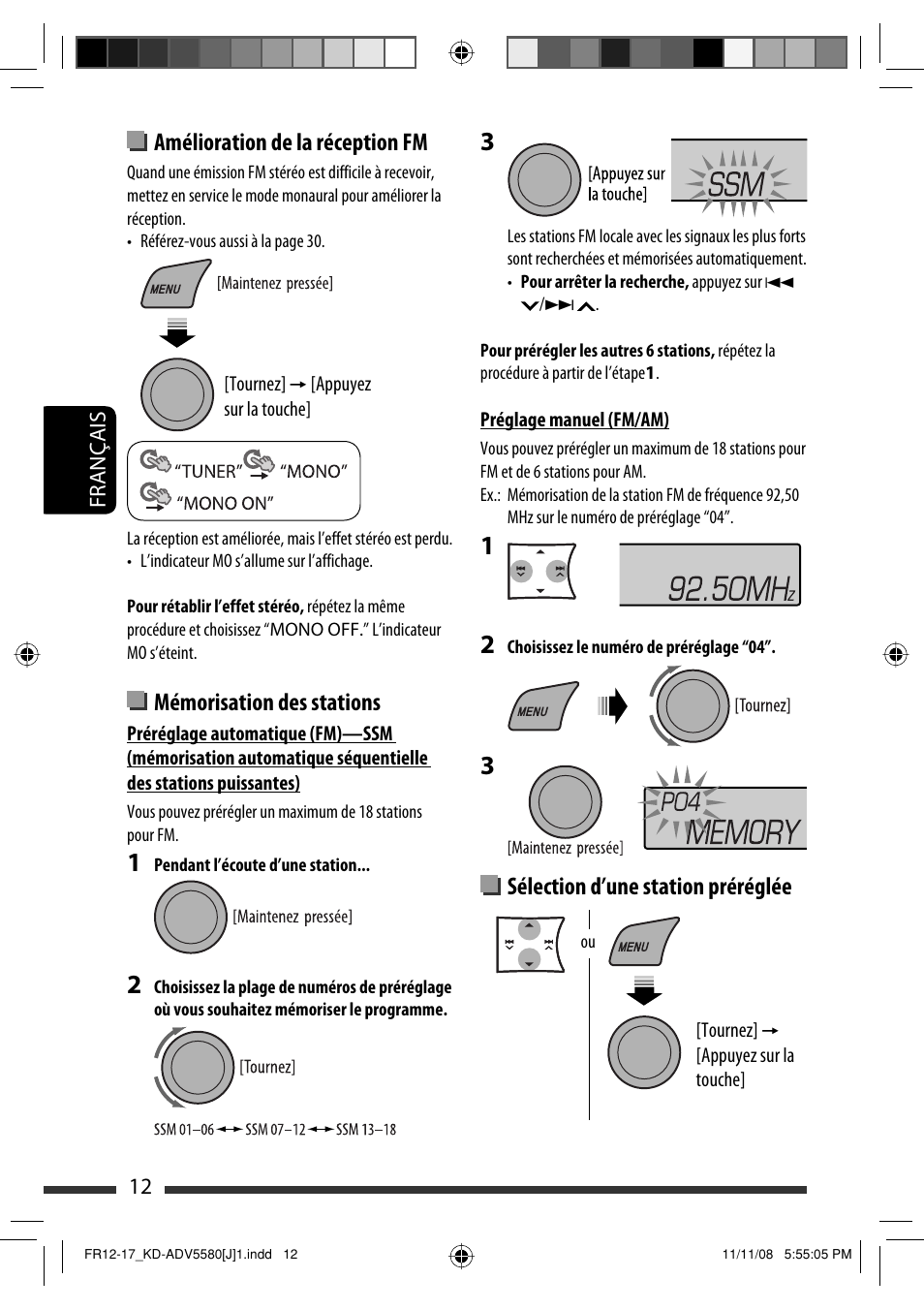 Amélioration de la réception fm, Mémorisation des stations, Sélection d’une station préréglée | JVC ADV5580 User Manual | Page 100 / 133