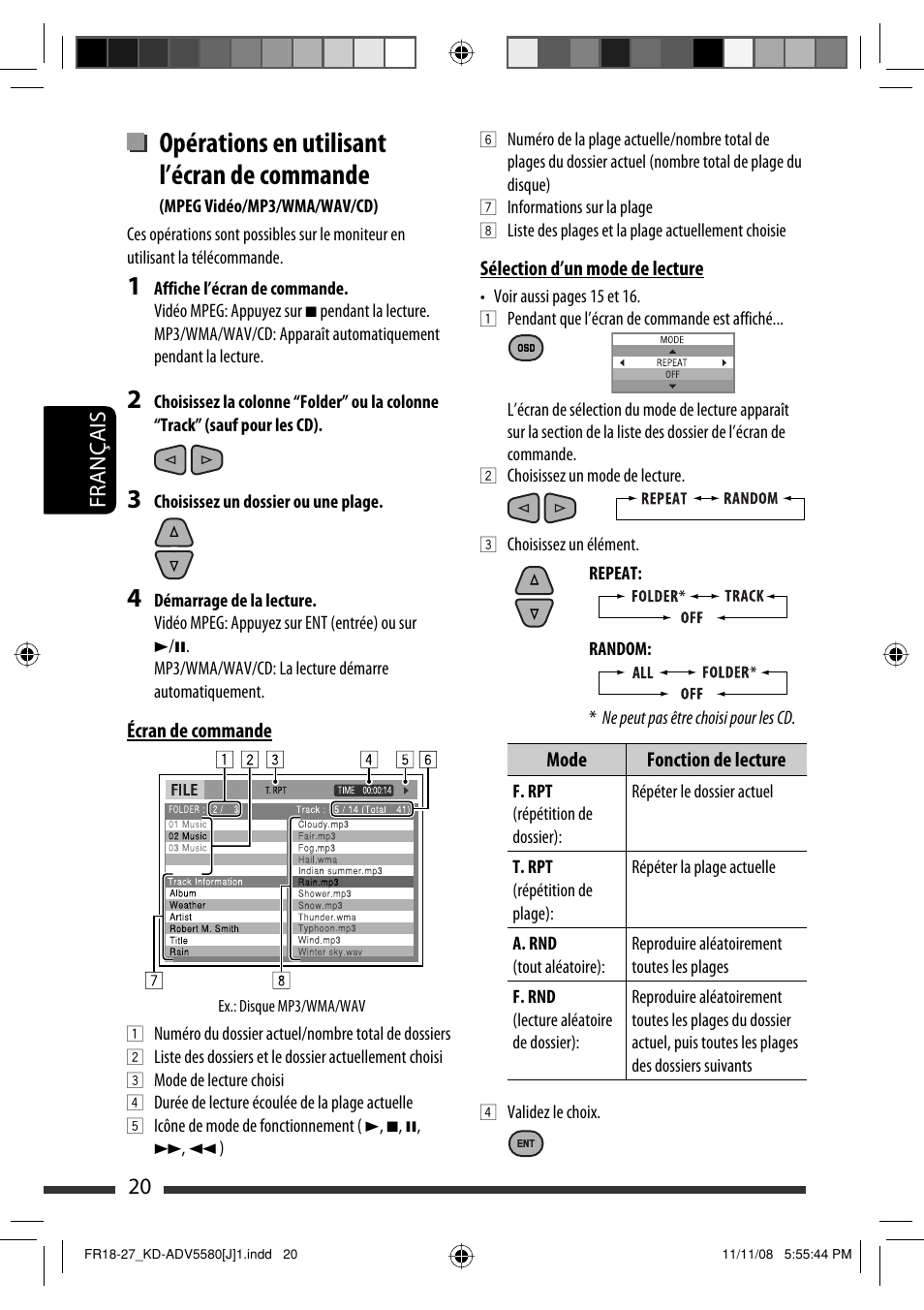 Opérations en utilisant l’écran de commande, 20 français | JVC ADV5580 User Manual | Page 108 / 133