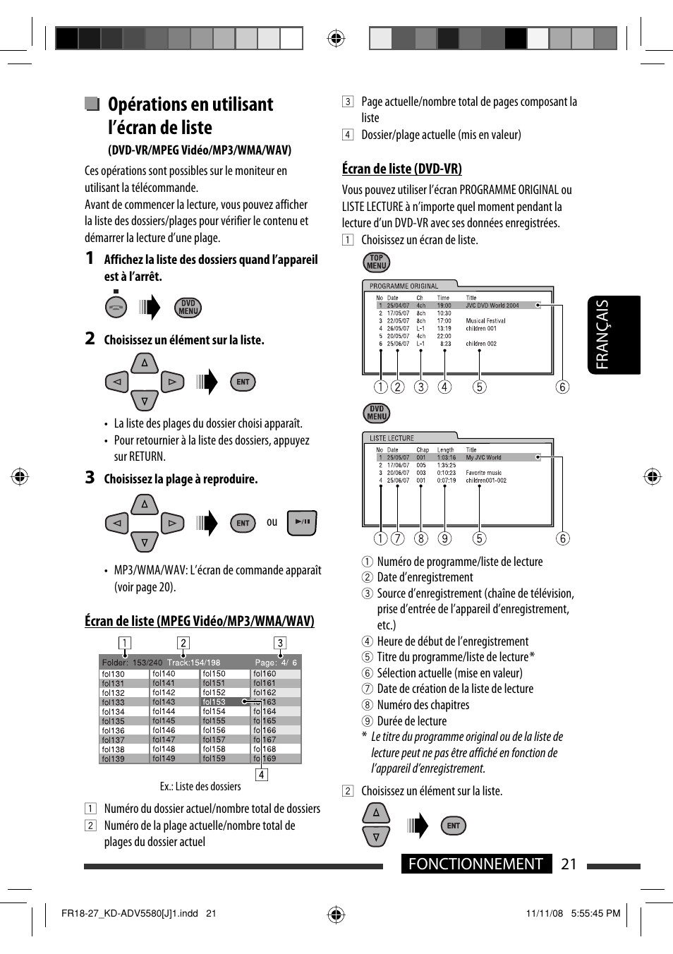 Opérations en utilisant l’écran de liste, 21 fonctionnement français | JVC ADV5580 User Manual | Page 109 / 133