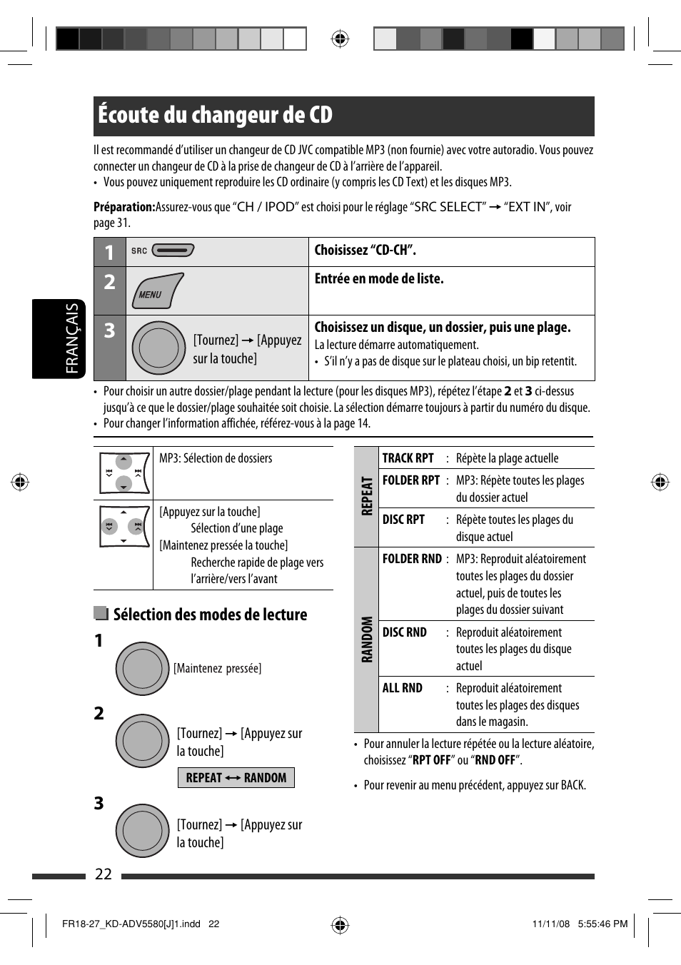 Écoute du changeur de cd, Sélection des modes de lecture | JVC ADV5580 User Manual | Page 110 / 133