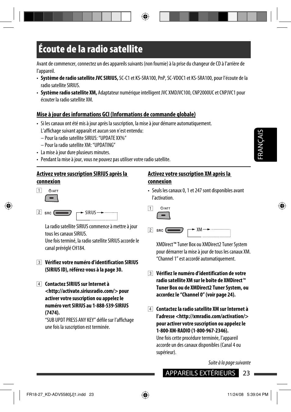 Écoute de la radio satellite, 23 appareils extérieurs français | JVC ADV5580 User Manual | Page 111 / 133