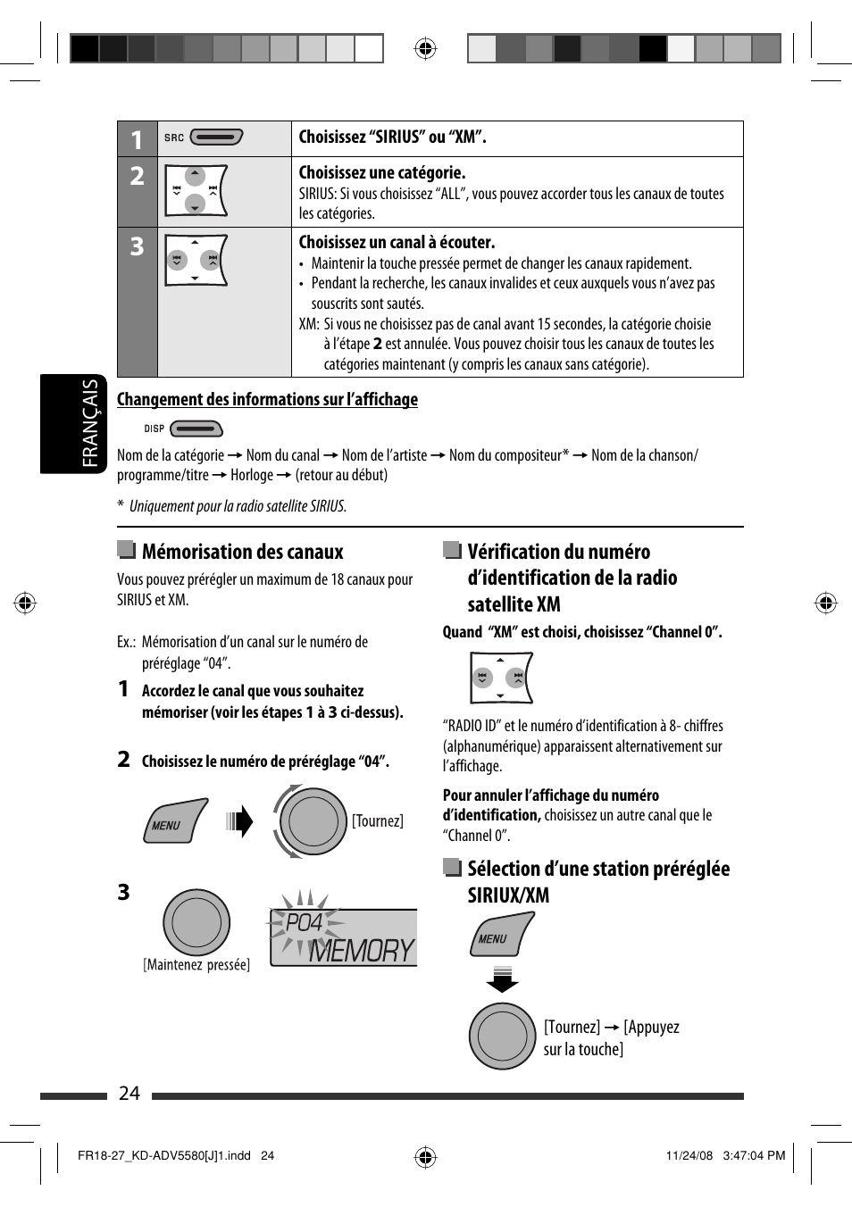 Mémorisation des canaux, Sélection d’une station préréglée siriux/xm | JVC ADV5580 User Manual | Page 112 / 133