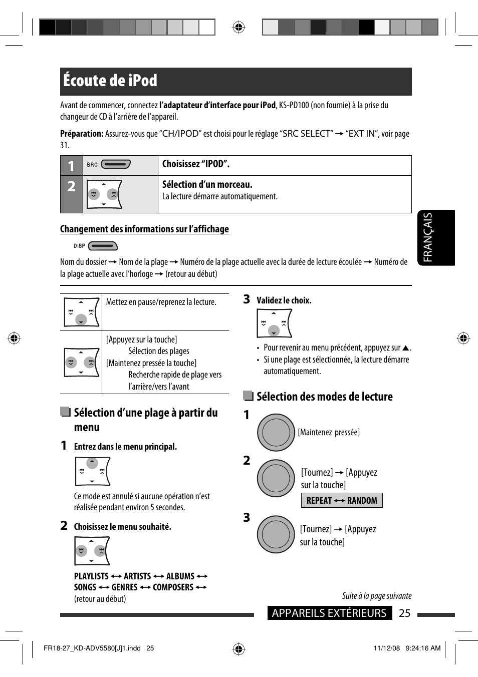 Écoute de ipod, Sélection d’une plage à partir du menu, Sélection des modes de lecture | JVC ADV5580 User Manual | Page 113 / 133