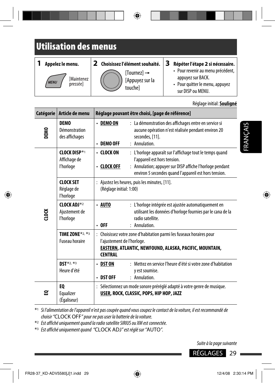 Utilisation des menus, 29 réglages français | JVC ADV5580 User Manual | Page 117 / 133